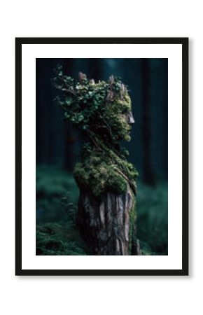 Conceptual Profile Bust Sculpted From Tree Stump Covered In Green Moss And Thriving Ivy Vines.