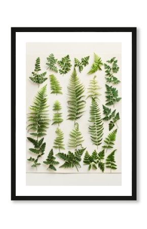 Collection of various fern leaves artfully arranged on a light background