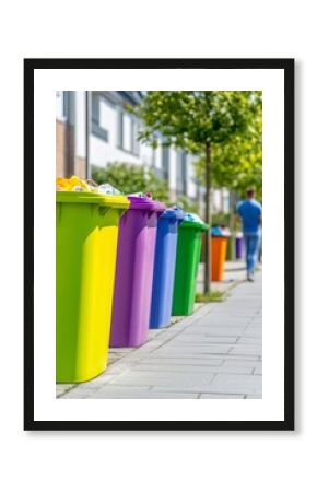 A row of colorful recycling bins lined up along a suburban street, each filled with waste, ready for collection.