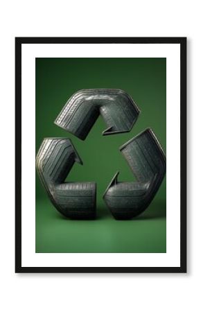 Recycle symbol made of tires on green background 