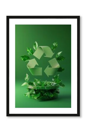 3d recycle icon with green leaves, concept of promoting sustainable growth and green energy 