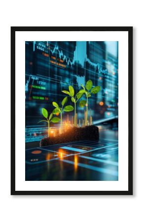 Digital presentation on ESG with growing plants and financial graphs, symbolizing sustainability and investment growth