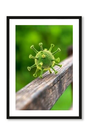 Microscopic Virus on Wooden Fence 3D Render Green Nature Background