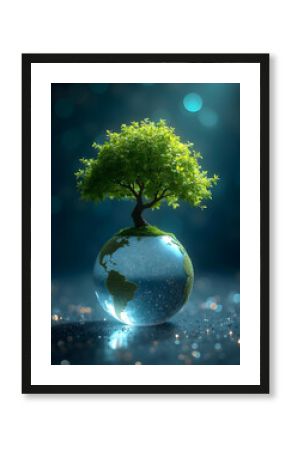vibrant tree grows on globe, symbolizing environmental sustainability and harmony. scene captures beauty of nature and importance of protecting our planet