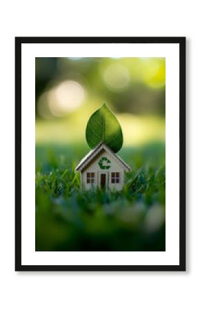 A small model house with a leaf and recycling symbol, symbolizing eco-friendly living.