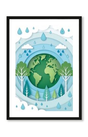 Paper-cut illustration of Earth with trees and raindrops