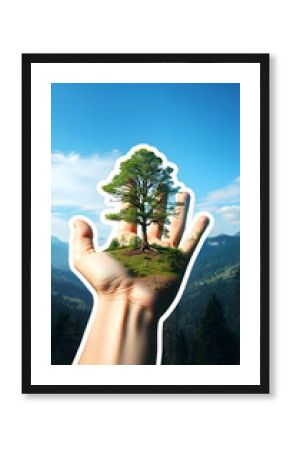Nature ecology background, multiple exposure hand and tree, Planet Earth concept, sticker style, with white tones