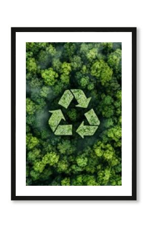 Lush green forest stretching out beneath an aerial view, featuring a recycling symbol that emphasizes sustainable waste management and highlights the importance of environmental protection