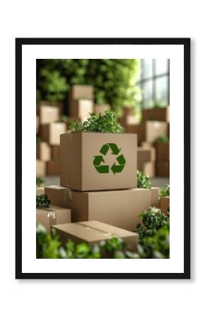 A cardboard box with a green recycling symbol sits among other boxes, surrounded by small plants, highlighting sustainability and eco-friendliness.