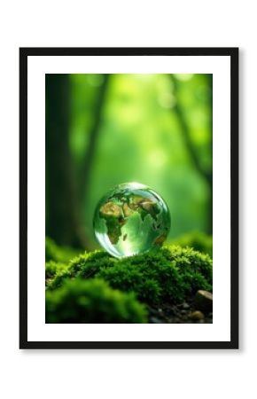 A Glass Globe Representing Our Planet Rests Gently on a Bed of Lush Green Moss in a Serene Forest Setting