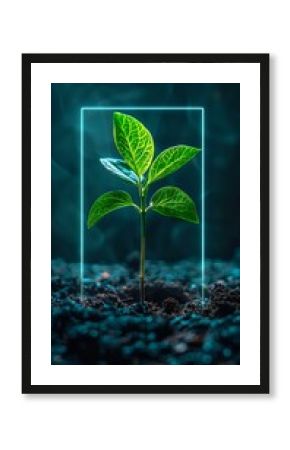Futuristic young plant seedling with glowing green leaves framed by neon blue light rectangle, growing from dark soil. Perfect for environmental technology or sustainable innovation concepts.