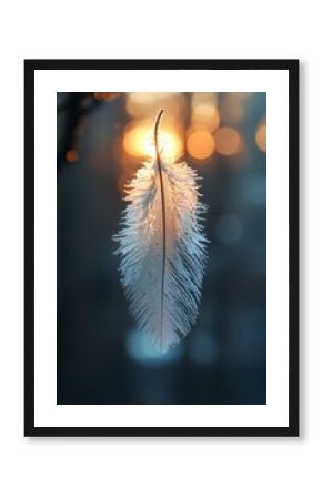 Delicate feather with dew in the soft glow of sunrise.