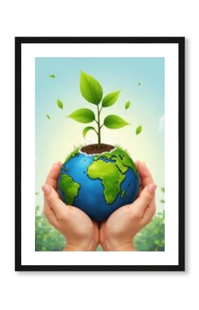 Hands Holding Earth Globe with Sprout Growing out of Soil