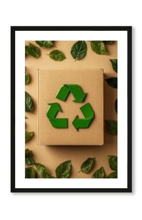 Eco-Friendly Cardboard Box with Green Leaves and Recycling Symbol for Sustainable Packaging Solutions