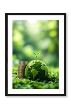 Green moss earth globe with growing plant and stack of coins on natural bokeh background. Environmental conservation, sustainable finance and eco investment concept