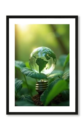 Light bulb with green Earth Day energy, environment protection. Globe map on green leaves, save world forests. Solar panels, renewable power concept on organic soil.