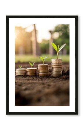 Growing plants on coins concept for financial growth and sustainable investment in natural environment