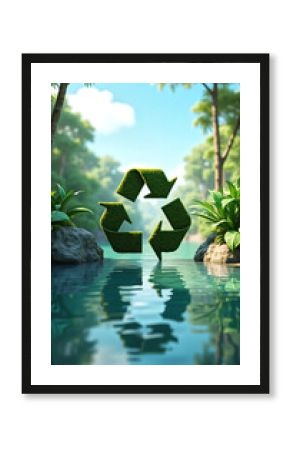 Lush Green Recycle Symbol in Tranquil Tropical Lake Environmental Conservation Concept