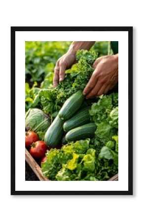 Organic Farming A lush green organic farm with fresh vegetables being harvested by hand under the golden morning sunlight