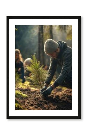 Mężczyzna sadzący drzewo w lesie