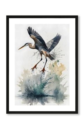 Heron flying in watercolor style
