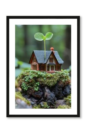 Miniature House and Sprout in Forest Setting