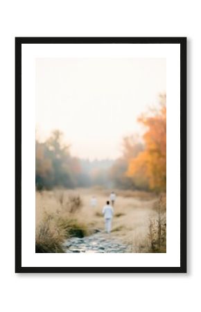 minimalist depiction of environmental scientist immersed in nature with blurred figures in background creating serene