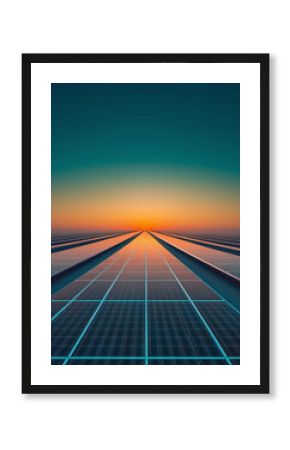 Futuristic view of endless solar panels under a vibrant orange sky at sunrise, representing clean energy and innovation.