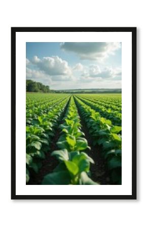 Agricultural field filled with soybean plants growing under blue sky. Rows of green plants show food production, cultivation of beans in summer season. Focus on plants, growing crop, rural outdoors.