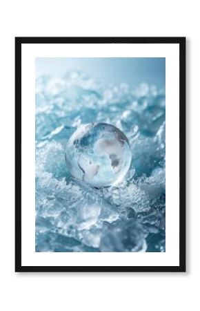 Crystal globe on ice representing global cooling and environmental awareness