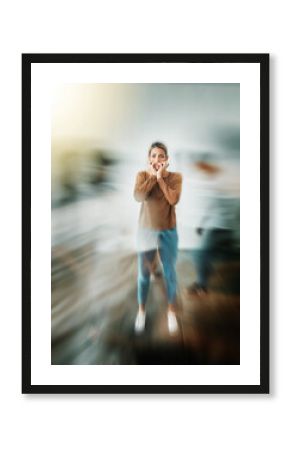 Woman, anxiety and mental health in motion blur for stress, insane or schizophrenia. Girl, scared and fear in eyes with depression, paranoid or need help in psychology in home or work in Dallas