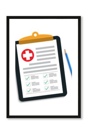 Clipboard with medical cross and pen. Clinical record, prescription, claim, medical check marks report, health insurance.1