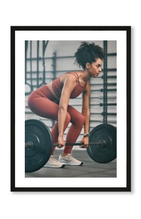 Gym, barbell exercise and black woman doing muscle fitness performance for body health, strength training or bodybuilding. Arm workout, athlete wellness lifestyle and strong bodybuilder weightlifting