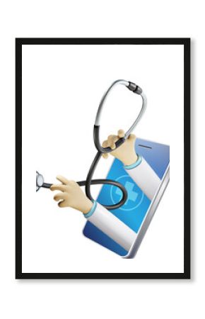 Online doctor, telehealth. Doctor hands holding stethoscope from smartphone app. Medical innovation technology service to diagnosis patient, digital healthcare and hospital concept. 3D PNG rendering.