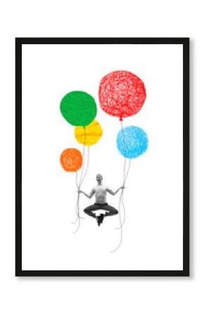 Young man in yoga lotus pose, sitting and meditating. Relaxed mind, self-care and positive thoughts. Contemporary art collage. Concept of inner world, feelings, mental health and psychology