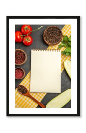 top view fresh squashes with seasonings and tomatoes on grey background meal salad food health