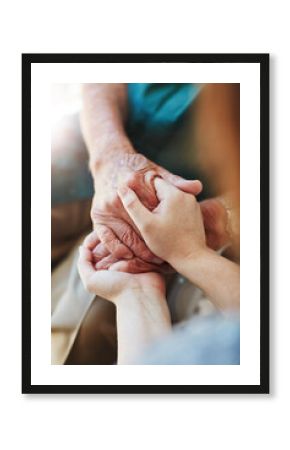 Woman, senior man and holding hands for support with care and empathy while together for closeup. Hand of elderly male and person for hope, trust and kindness or help with life insurance and health