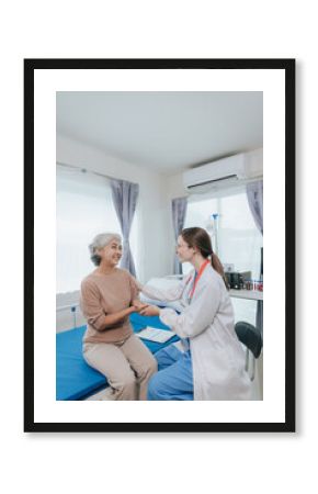 Young female doctor nurse caregiver caring happy senior grandmother helping old patients in rehabilitation at elderly health checkup