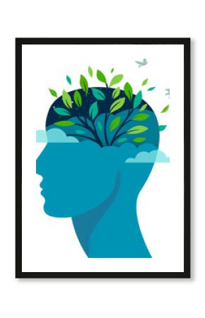 Human head with birds and green tree branches. Mental health concept Illustration