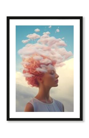 A woman with pink hair stands outside amidst a flurry of her own tangled thoughts and emotions, her hair adorned with clouds as if to capture the sky in one glance, mental health concept