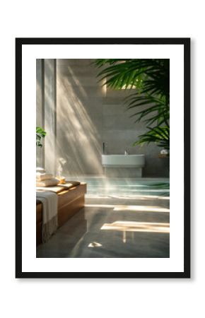 Serene spa setting with natural light and greenery. Generative AI image
