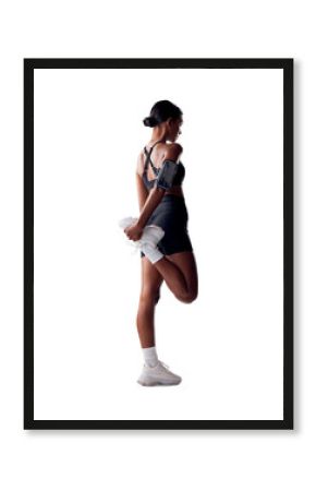 Fitness, health and woman stretching for exercise, wellness and body training with phone. Performance, workout and muscle warm up with girl athlete from back isolated on transparent png background.