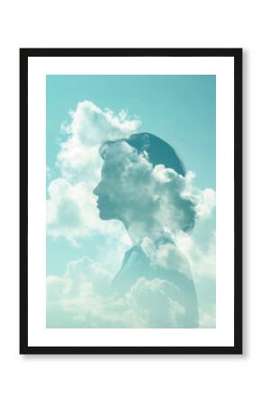 An artistic double exposure of the profile silhouette of a woman filled with clouds, set against a sky blue background. Psychology and woman mental health concept