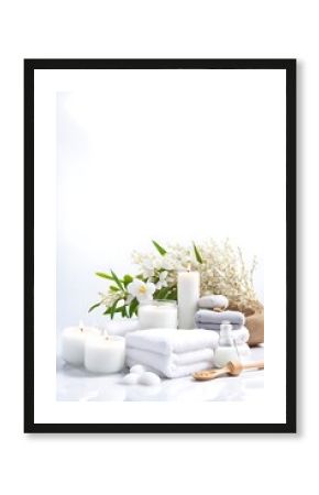  Spa background towel bathroom white luxury concept massage candle bath. Bathroom white wellness spa background towel relax aromatherapy flower accessory Zen therapy aroma beauty setting table salt oi