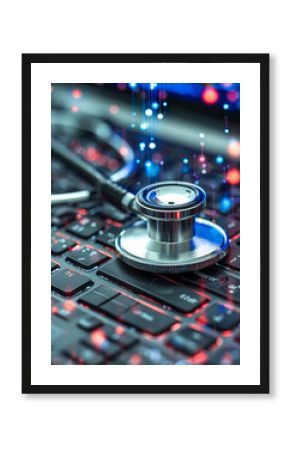 Stethoscope on Laptop Keyboard Representing Digital Security and Cyber Health Concept with Blue and Red Data Streams