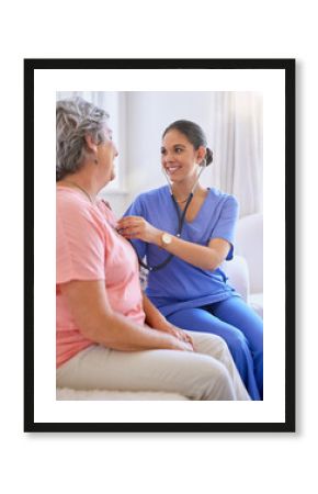 Nurse, woman and stethoscope in senior home, nursing and caregiver with patient for healthcare in living room. Check up, appointment and listen for chest problem, medical employee and wellness help