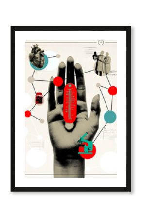 Medical Science. Human hand holding pill with heart, blood vials, and a microscope on background. Contemporary art collage. Concept of science, innovation, surrealism, modern technologies