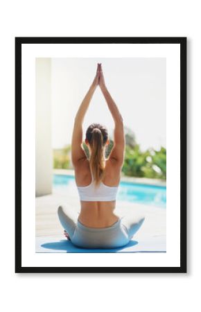 Back, meditation and yoga with woman at swimming pool for start of holistic wellness routine on exercise mat. Balance, fitness and pilates training with yogi person stretching in home for zen workout