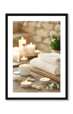 Tranquil spa setting with candles, towels, and stones, evoking relaxation and serenity. Perfect for wellness, beauty, and relaxation themes.