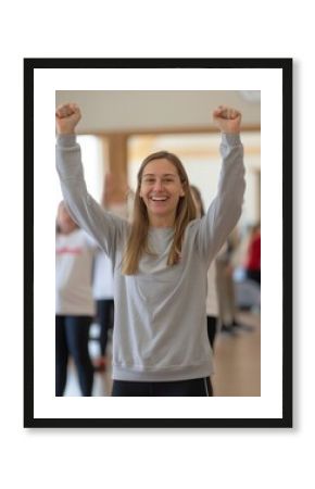 Energetic fitness class for elderly led by volunteer, promoting health education and exercise, emphasizing physical well-being.